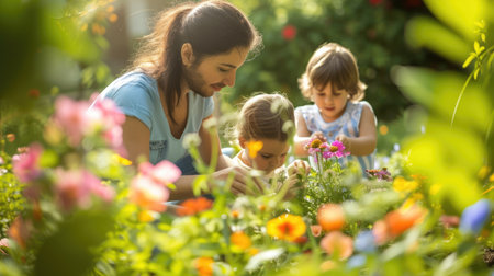 A boy and a girl happily picking flowers in a natural environment, sharing a joyful moment amidst the plant-filled garden. AIG41の素材