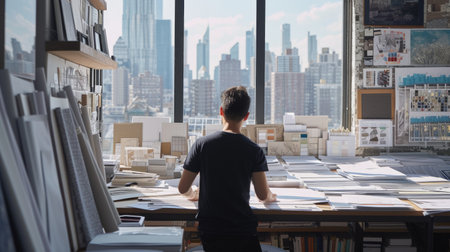An interior designer is absorbed in evaluating various fabric samples spread across her studio table, with a backdrop of the cityscape outside. AIG41の素材