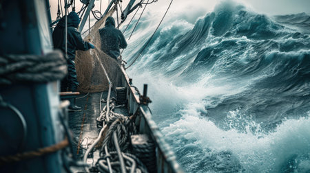 A rugged fishing boat cuts through turbulent ocean waves under a dramatic overcast sky, showcasing the resilience of maritime workers. AIG41の素材