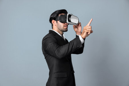 Project manager with virtual reality glasses looking at data analysis while analyzing and pointing...