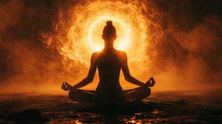 The picture of the young or adult female human doing the yoga pose for relaxation or meditating the mind in the middle of the nature under the bright sun in the daytime of a dawn or dusk day. AIGX03.の素材