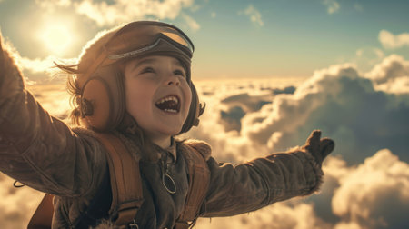 The side view of the picture that has the child flying into the bright sky with the aviator costume and the pair of goggles under the bright light of the bright sun with the happy smile face. AIGX03.の素材