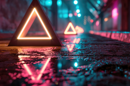 The great orangish triangle that standing on the ground floor yet still feel so small when compare to wall that standing near the orangish triangle and orange light of the dark thick triangle. AIGX03.の素材