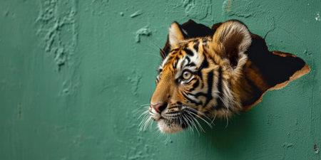Close up view picture of the hollow green hole on the the wall that show the tiger stay inside the wall that has been made from some material yet still can be break to look through other side. AIGX03.の素材