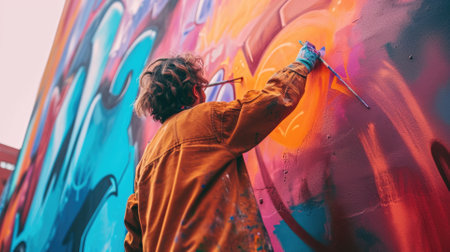 An artist painting a mural on an urban wall, colorful street art, creative expression in a city environment. Resplendent.の素材