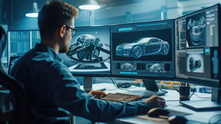 A man sits at a desk with two computer monitors, using a personal computer and peripherals for engineering work. AIG41の素材