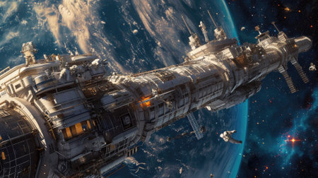 A space station orbiting a distant planet, astronauts conducting spacewalks, and star-filled background. Resplendent.の素材