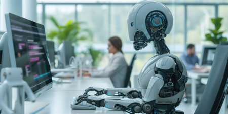 A humanoid robot with advanced features is seated at a desk, engaging in tasks alongside human colleagues in a modern office setting. AIG41の素材