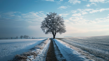The picture of the single tree that has been covered with white snow in the middle of the empty snow land in the winter season and light from the sun can make everything bright clear on land. AIGX03.の素材