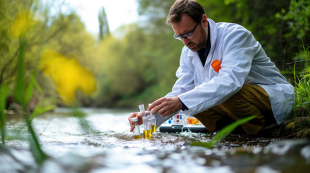 A man, wearing a lab coat, collects water from a river, amidst a beautiful natural landscape with happy people, trees, grass, and a serene lake. AIG41の素材