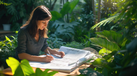 An overhead view of a landscape architect analyzing garden design plans amidst a lush green setting. AIG41の素材