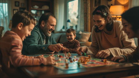 A joyful family gathers around a table, sharing smiles and laughs while playing a board game, creating a fun and leisurely event in their cozy room. AIG41の素材