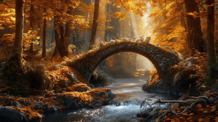 An enchanted forest in autumn, filled with golden leaves in autumn. Resplendent.の素材