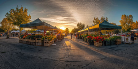 An early morning farmers market scene, bustling with vendors and customers, fresh produce on display, capturing the essence of local commerce and community. Resplendent.の素材