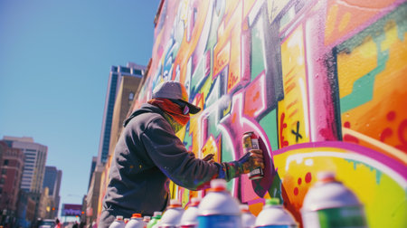 A man leisurely creates art on a wall with spray paint, using vibrant electric blue and magenta to form a captivating pattern. AIG41の素材