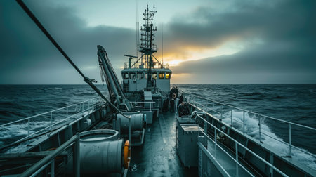 A rugged fishing boat cuts through turbulent ocean waves under a dramatic overcast sky, showcasing the resilience of maritime workers. AIG41の素材