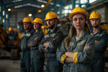 group portrait of construction workers with background of excavation machinery aigx04の素材