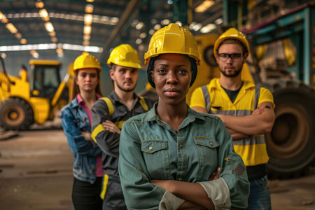 group portrait of construction workers with background of excavation machinery aigx04の素材