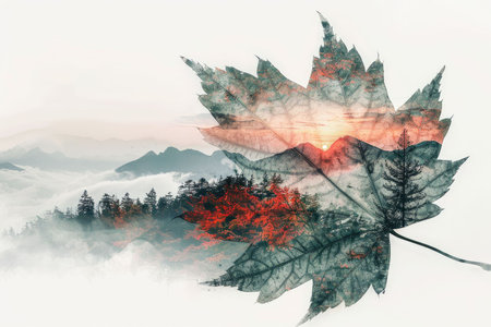 leaf double exposure with beautiful nature background showing concept of sustainability and environmental conservation. aigx04の素材