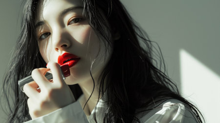 The picture of the red lips young beautiful asian woman looking at the camera while holding the red lipstick near the mouth while wearing white shirt with white background for advertisement. AIGX01.の素材