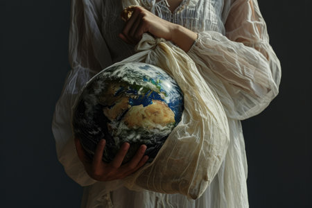 The picture of the person that has been holding the earth globe that come with the plastic bag that can stand for multiple meaning like protect the earth or keep the earth from plastic bag. AIGX01.の素材