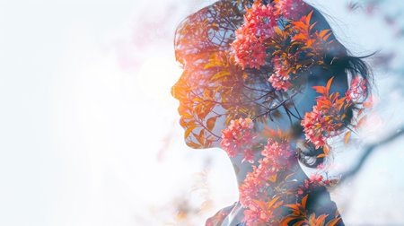 The closeup double exposure picture between young adult beautiful female caucasian human and bright beautiful nature in the morning or evening that the picture stand for peaceful of the life. AIGX01.の素材