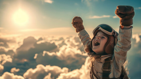 The side view of the picture that has the child flying into the bright sky with the aviator costume and the pair of goggles under the bright light of the bright sun with the happy smile face. AIGX03.の素材