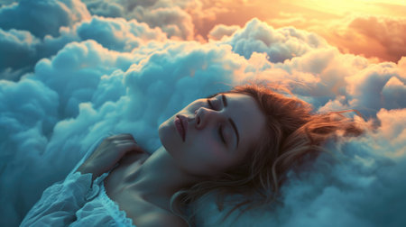 The close up picture of the caucasian female human that laying down for sleeping on the sea of the cloudscape that act like pillow that look fluffy and soft at the bright sky of the daytime. AIGX03.の素材