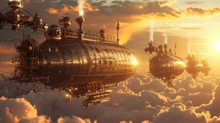 Fantasy steampunk airships float amongst clouds against a dramatic sunset backdrop, evoking adventure and exploration. Resplendent.の素材