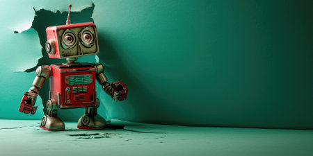 Close up view picture of the hollow green hole on the the wall that show the robot stay inside of the wall that has been made from some material yet still can break to look through other side. AIGX03.の素材