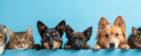 The picture of front view and close up of the multiple group of the various cat and dog in front of the bright blue background that look back to the camera with the curious and interest face. AIGX03.の素材