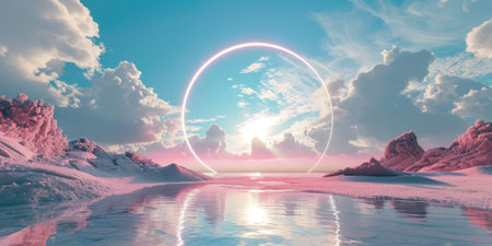 A pink round portal in the middle of the river that connected to the ocean and surrounded with the a huge pile of sand and sandstone mountain under the cloudy sky in the bright morning day. AIGX03.の素材