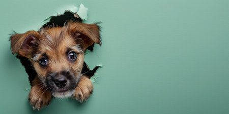 Close up view picture of the hollow green hole on the the wall that show the dog stay inside the wall that has been made from some material yet still can be break to look through other side. AIGX03.の素材