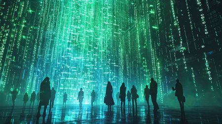 The picture of the group people that has been walking into the endless walkway that has been raining with the digital matrix green binary rain of code that seem like people search something. AIGX01.の素材