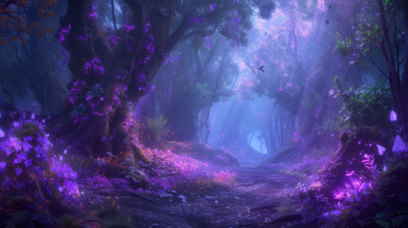 An enchanted forest with magical creatures, glowing plants, ancient trees, a hidden fairy village, mystical ambiance. Resplendent.の素材