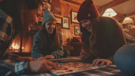 The family is sitting on the hardwood floor, sharing a fun board game event in front of the fireplace, enjoying the warmth and darkness. AIG41の素材
