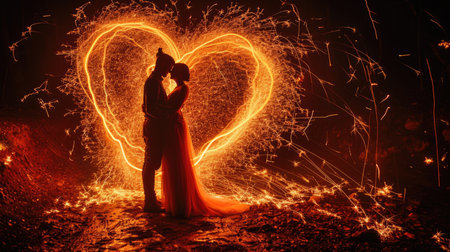 The picture about the caucasian couple hugging each other and wedding near the bright hot burning sparkling firework heart shape in the nighttime of the day like passionate of burning love. AIGX01.の素材