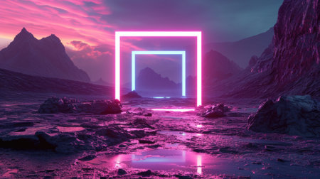 The great pink floating square beyond the river that surrounded with a lot amount of the tall mountains at the dawn or dusk time of the day that shine light to the every part of the picture. AIGX03.の素材