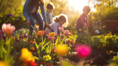 A boy and a girl happily picking flowers in a natural environment, sharing a joyful moment amidst the plant-filled garden. AIG41の素材