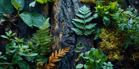 The picture of nature that focused to the green leaf from tree in the forrest that stay on ground and got illuminated with bright light of a sunlight in the summer or spring time of the year. AIGX03.の素材