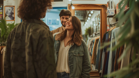 In the crowded city store, under the dim street lights, a man and a woman exchange smiles, creating an artful moment of connection. AIG41の素材