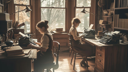Two women seated at a table with a typewriter, sharing a conversation in a building with a window overlooking the street. AIG41の素材