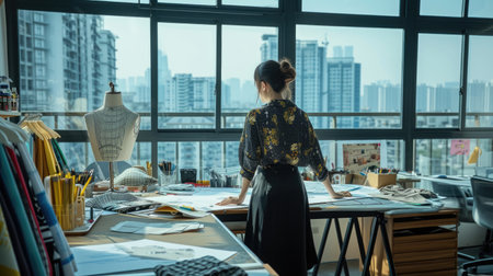 A focused fashion designer sketches new designs in a bright studio, surrounded by vibrant fabric samples and elegant mannequins. AIG41の素材