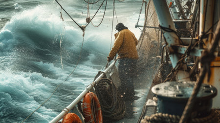 A rugged fishing boat cuts through turbulent ocean waves under a dramatic overcast sky, showcasing the resilience of maritime workers. AIG41の素材
