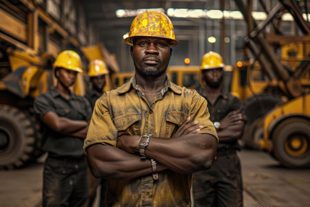 group portrait of construction workers with background of excavation machinery aigx04の素材