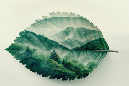 leaf double exposure with beautiful nature background showing concept of sustainability and environmental conservation. aigx04の素材