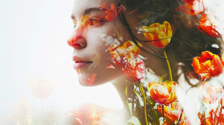 The closeup double exposure picture between young adult beautiful female caucasian human and bright beautiful nature in the morning or evening that the picture stand for peaceful of the life. AIGX01.の素材