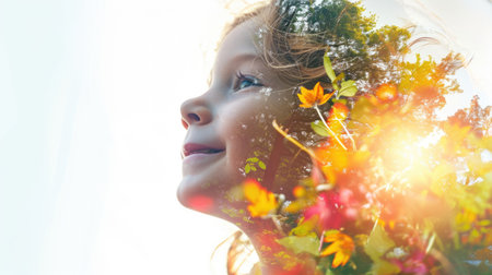 The closeup double exposure between the caucasian young girl and the beautiful vividly nature that the picture, it stands for the peaceful of the life or relaxation with the beautiful nature. AIGX01.の素材