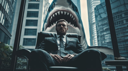 The picture of the businessman that sitting on the chair that make him looks like he has the power to control of everything in the business and the shark that flying around near the building. AIGX03.の素材