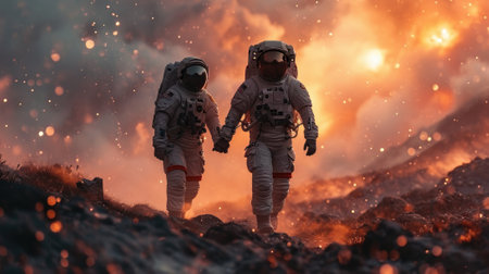 The side view of the couple astronaut human that has traveling to the various place on the land but yet it looks like human still trying to find something to be next target of the exploration. AIGX03.の素材